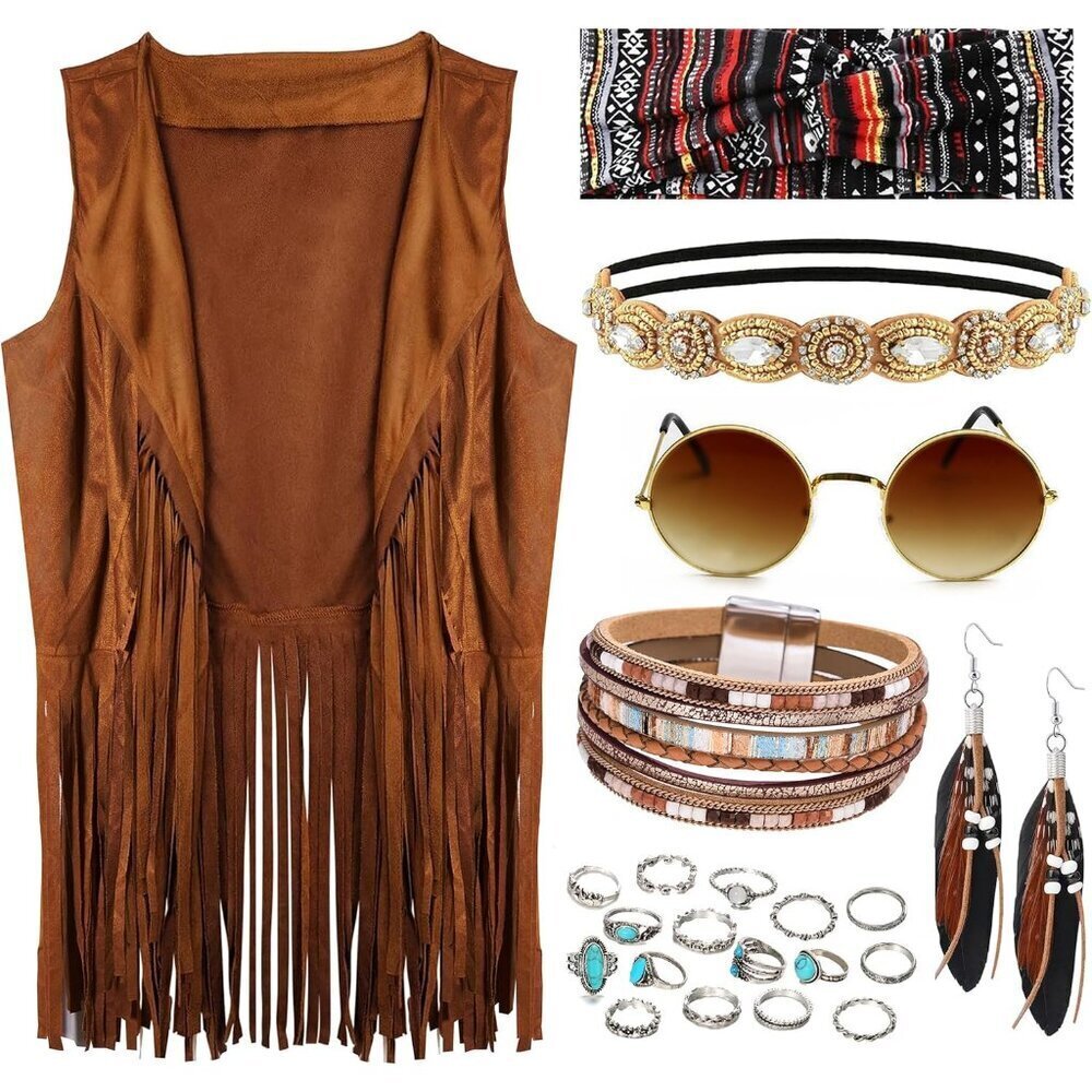 Women Hippie Costume Set Fringe Vest Accessories for 60s 70s Disco Party